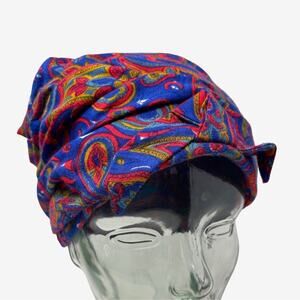 60s Turban Style Hat Paisley Blue Red Bow Vintage‎ MidMod Casual Boho Styles